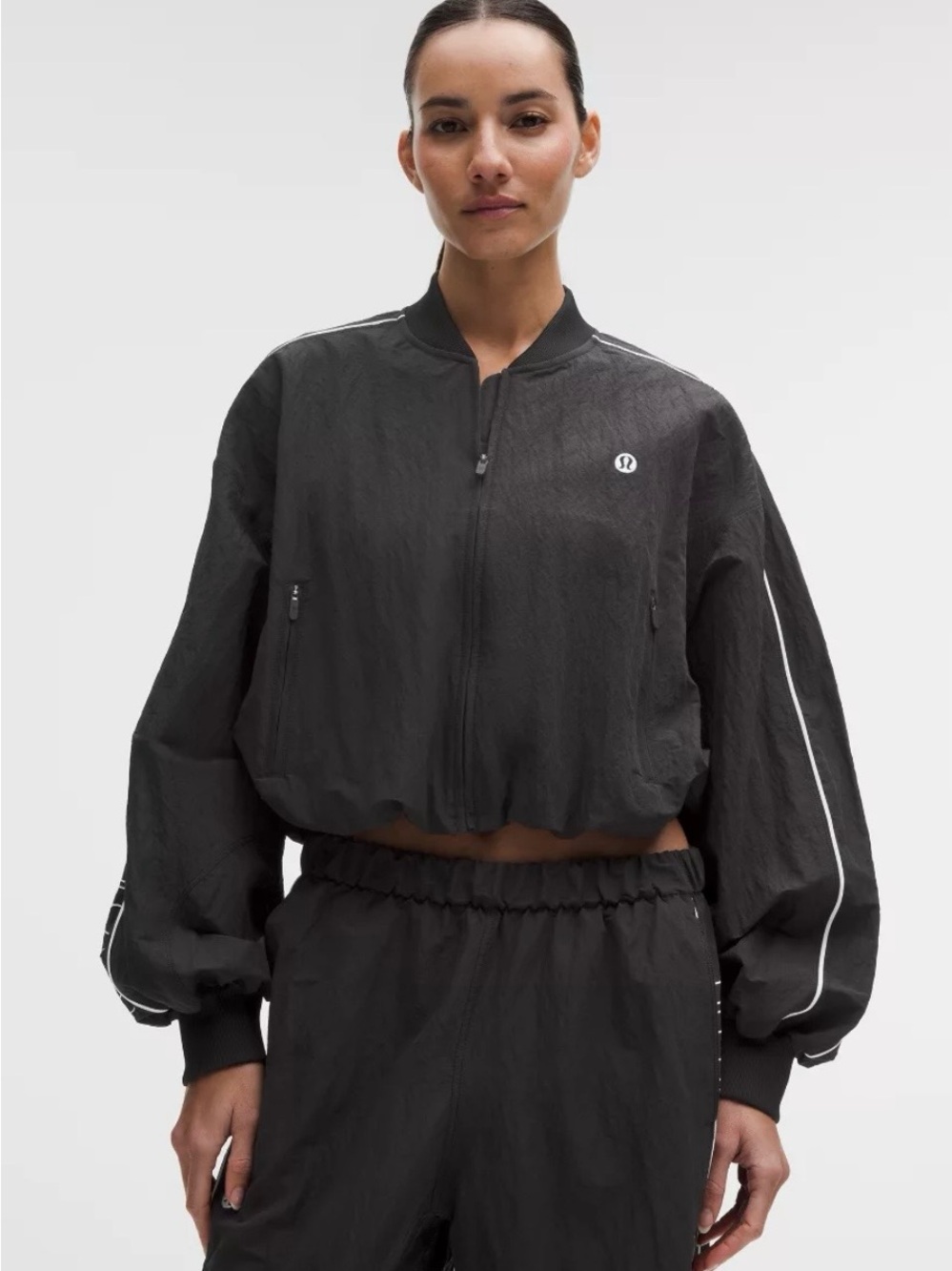 lululemon athletica Black Cropped Bomber Jacket with Reflective Trim